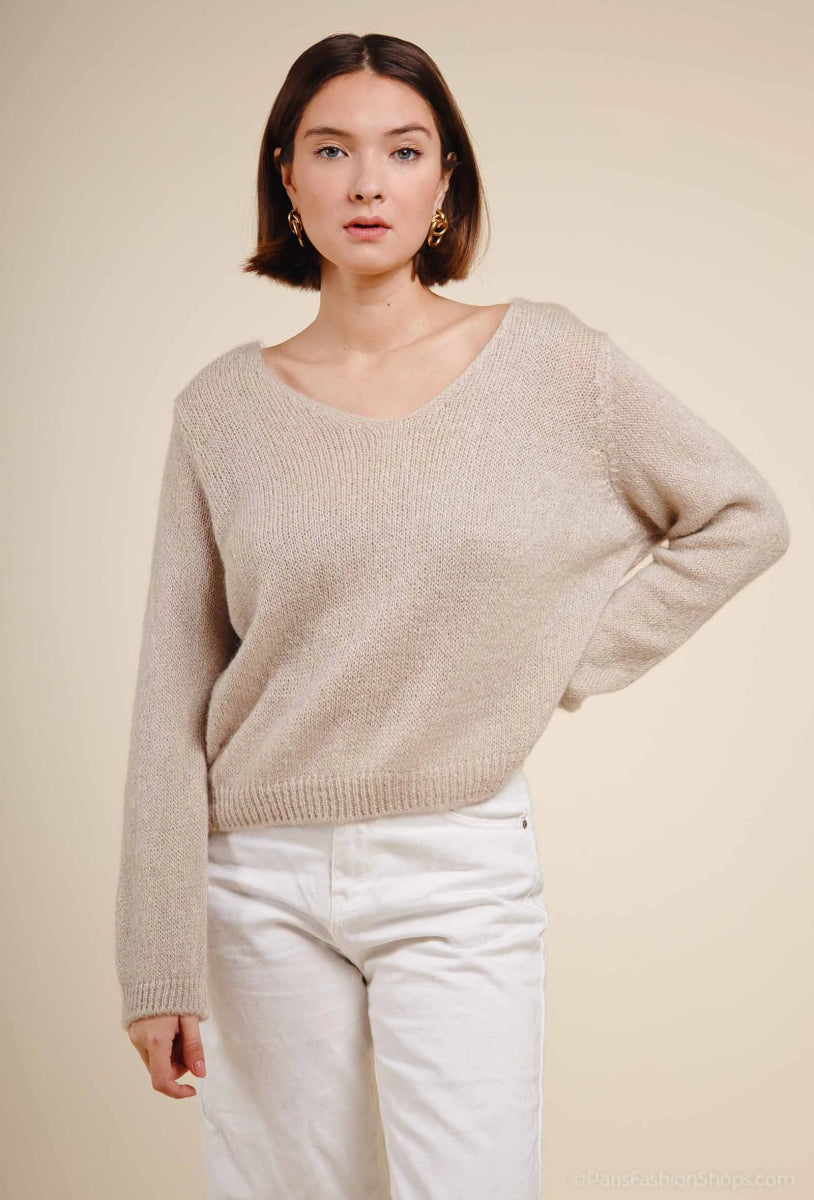 Pull V en 30% mohair beige - RIVE GAUCHE