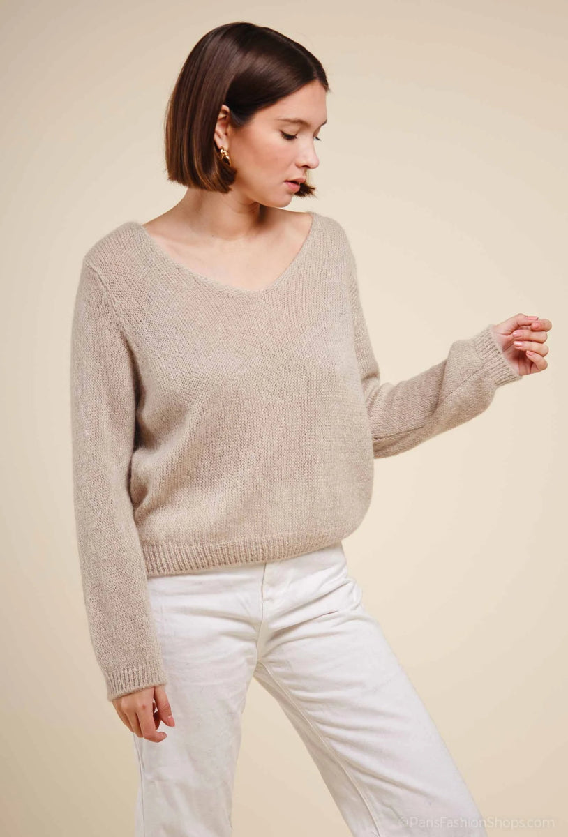 Pull V en 30% mohair beige - RIVE GAUCHE