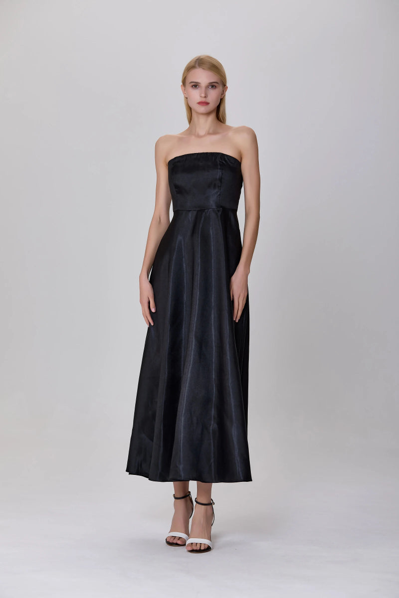 Robe bustier longue noire évasée Clarysse en taffetas - RIVE GAUCHE