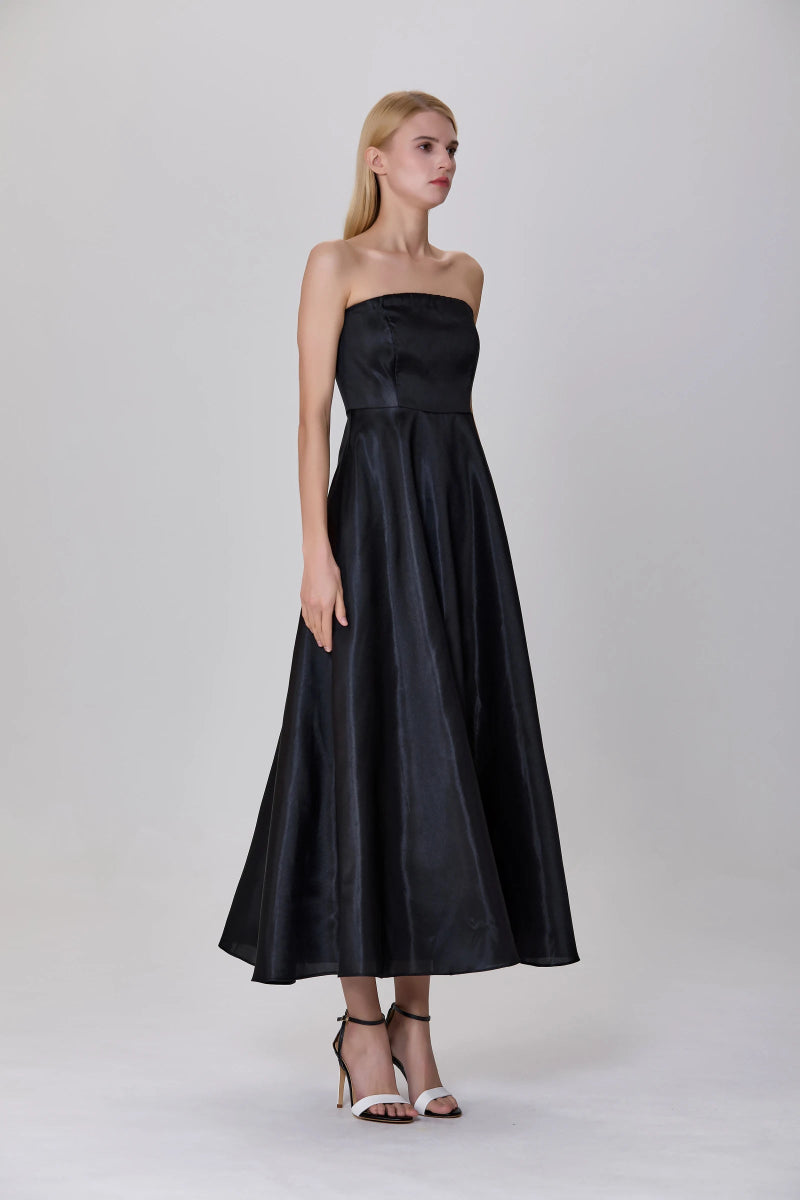 Robe bustier longue noire évasée Clarysse en taffetas - RIVE GAUCHE