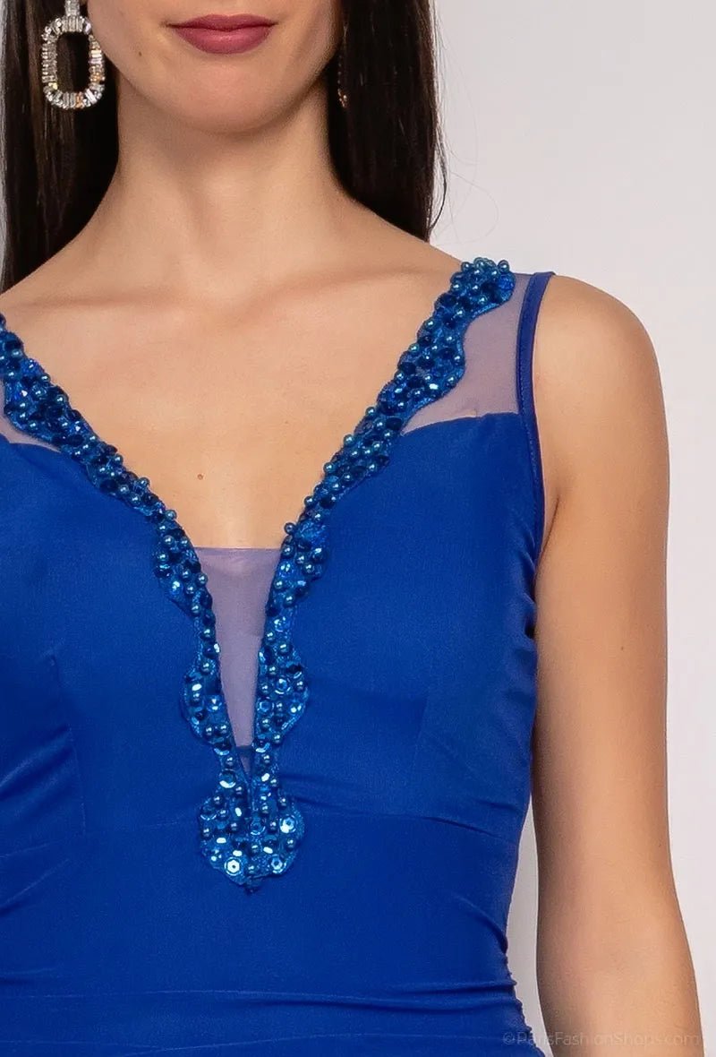 Robe courte de soirée bleu roi à sequins et perles - RIVE GAUCHE
