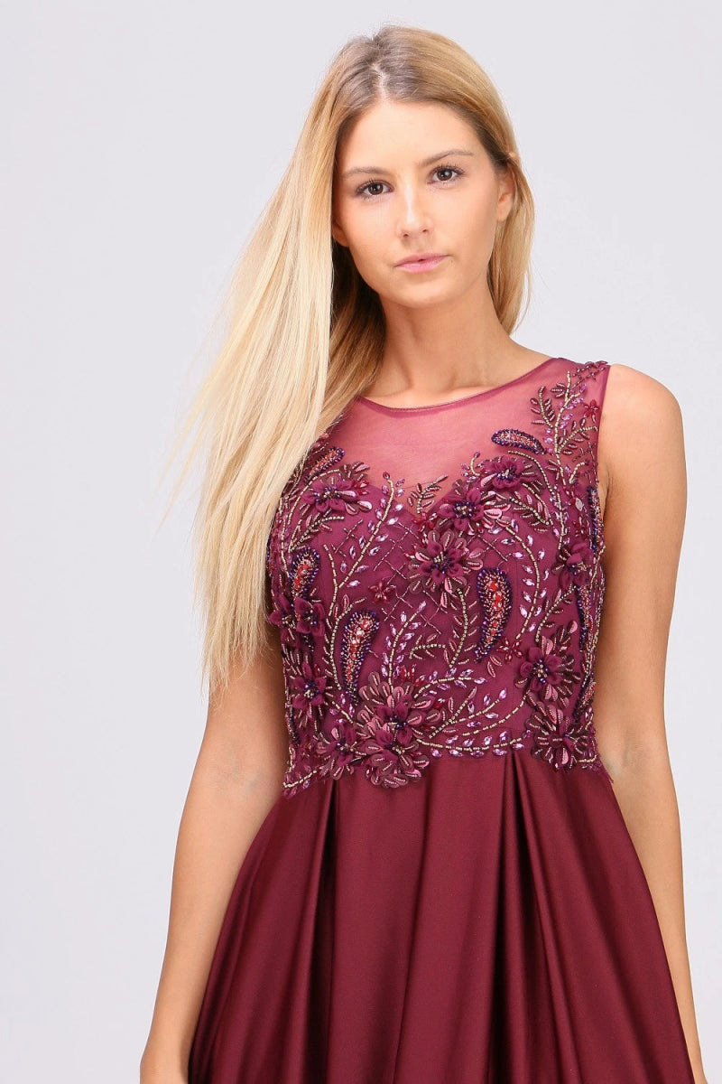 Robe de cocktail à motif floral texturé bordeaux - RIVE GAUCHE