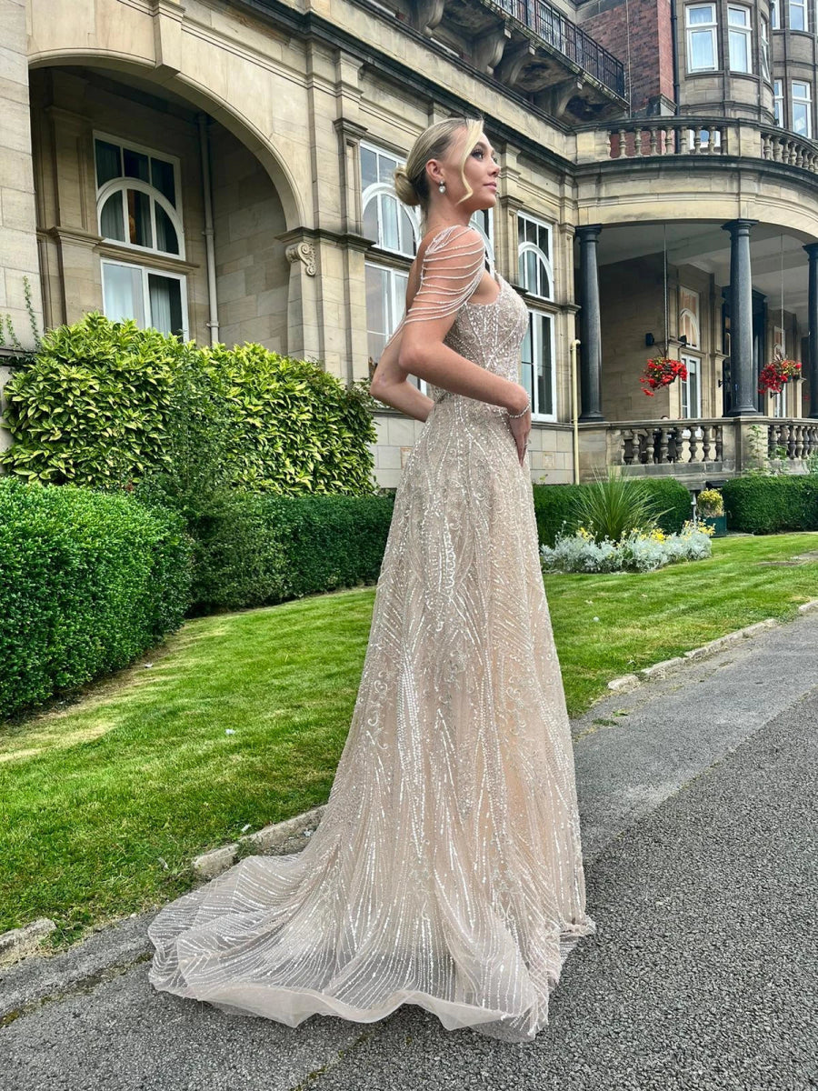 Robe de cocktail champagne coupe évasée entièrement perlée - RIVE GAUCHE