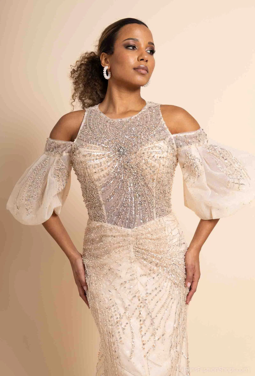 Robe de cocktail champagne entièrement perlée coupe sirène - RIVE GAUCHE