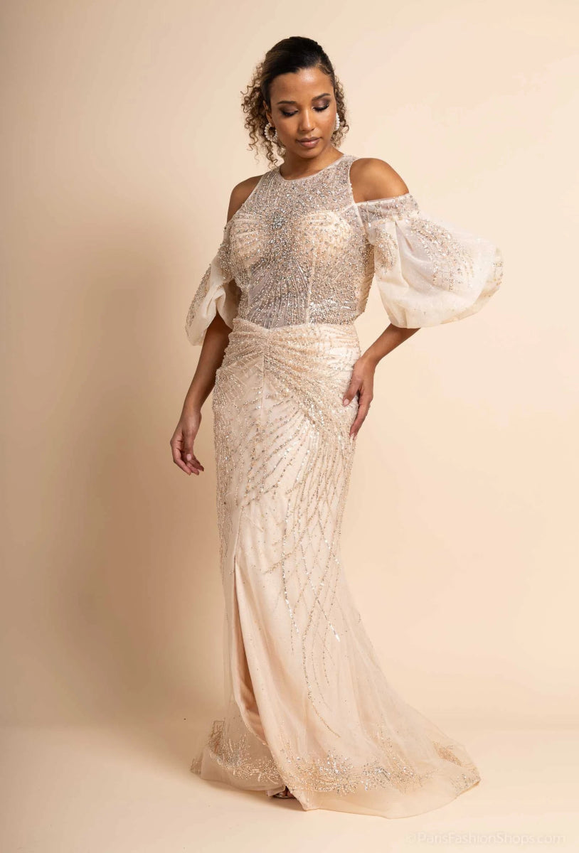 Robe de cocktail champagne entièrement perlée coupe sirène - RIVE GAUCHE