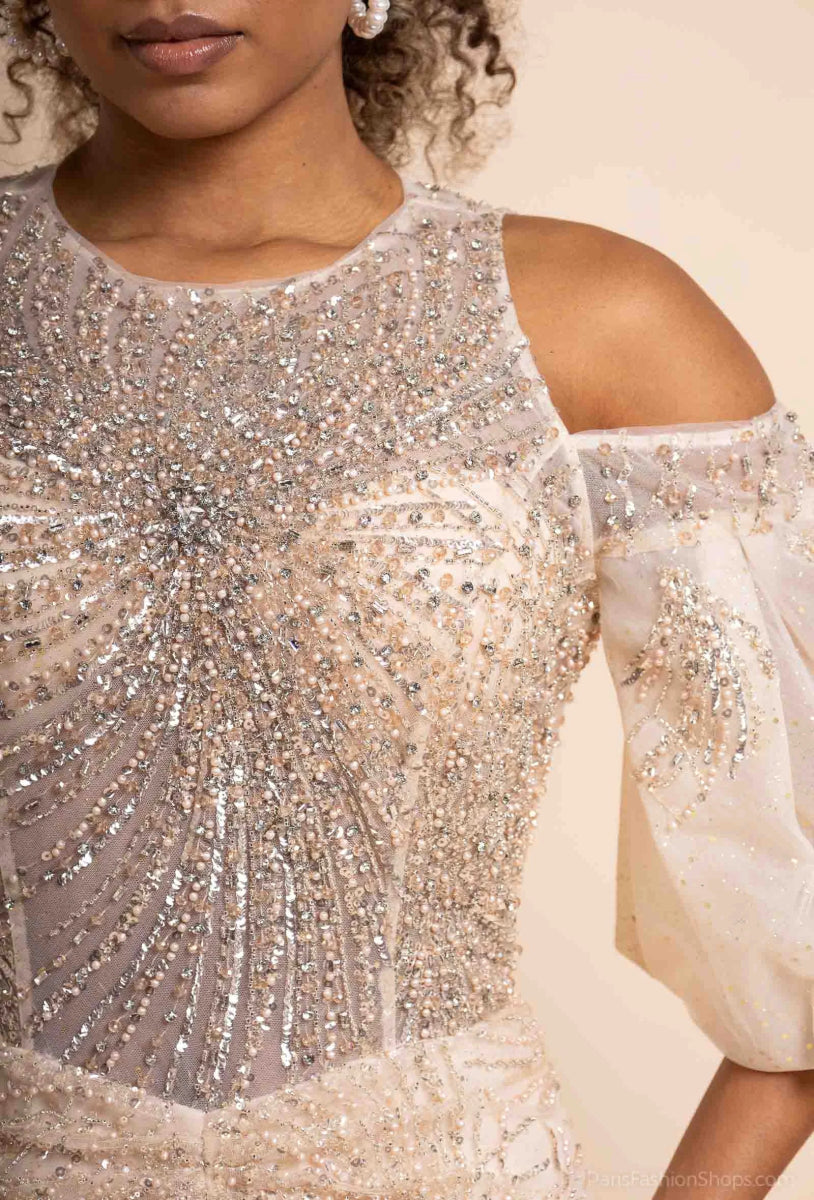 Robe de cocktail champagne entièrement perlée coupe sirène - RIVE GAUCHE