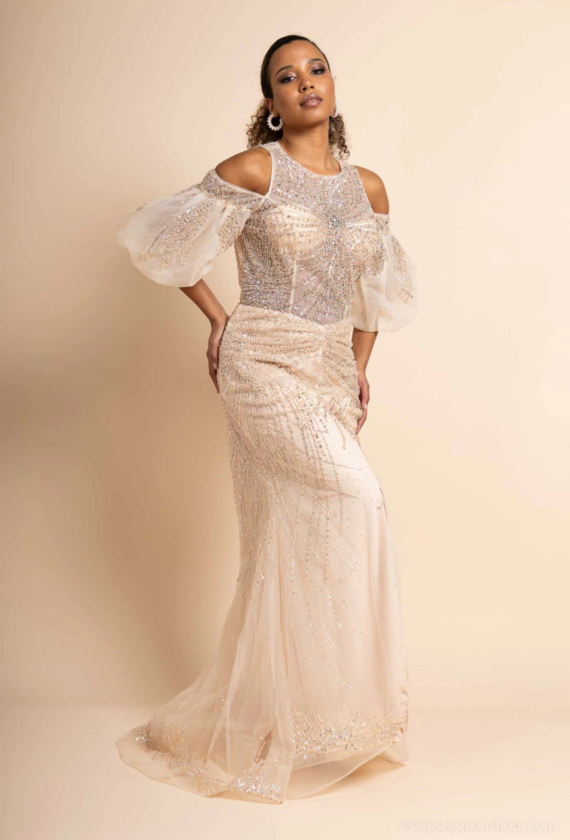 Robe de cocktail champagne entièrement perlée coupe sirène - RIVE GAUCHE