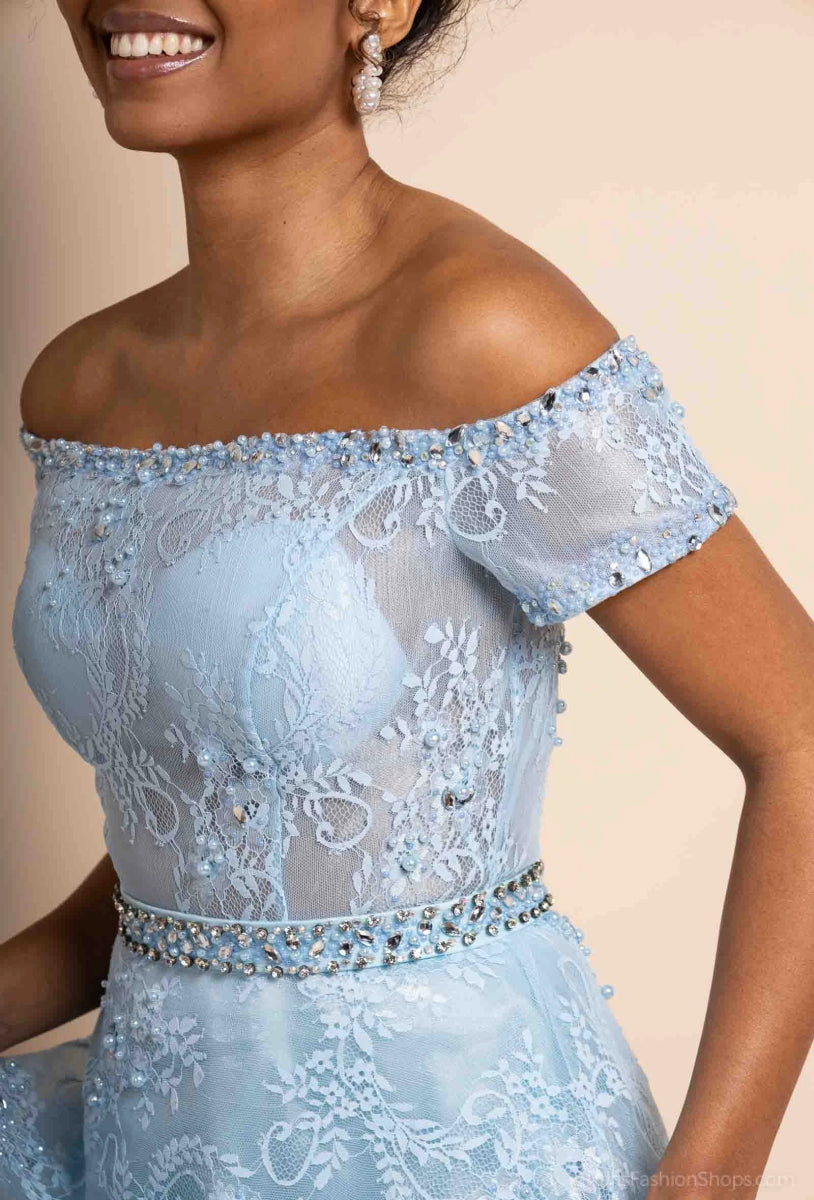 Robe de cocktail évasée bleu ciel Jasmine confectionnée en dentelle délicate - RIVE GAUCHE
