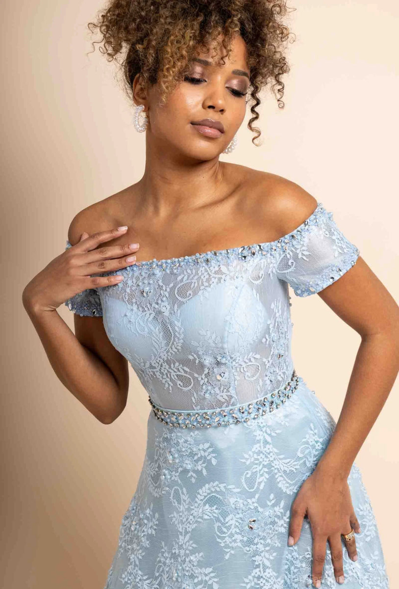 Robe de cocktail évasée bleu ciel Jasmine confectionnée en dentelle délicate - RIVE GAUCHE