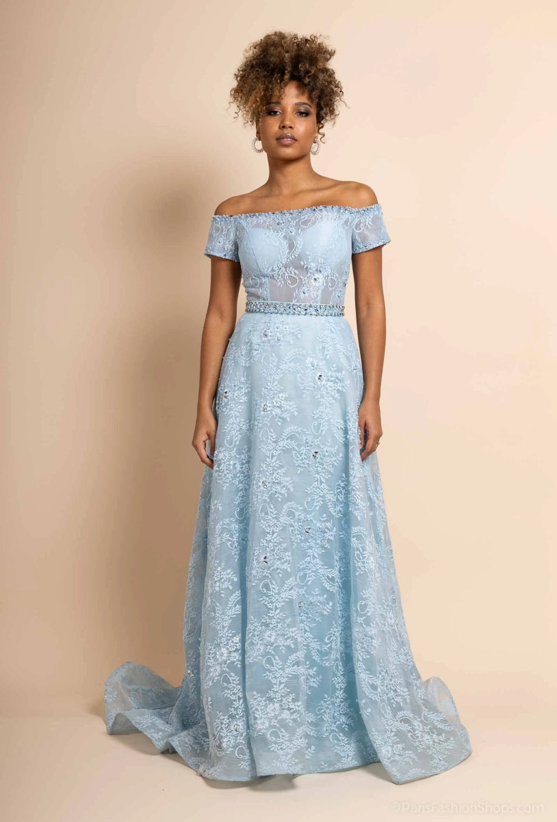 Robe de cocktail évasée bleu ciel Jasmine confectionnée en dentelle délicate - RIVE GAUCHE