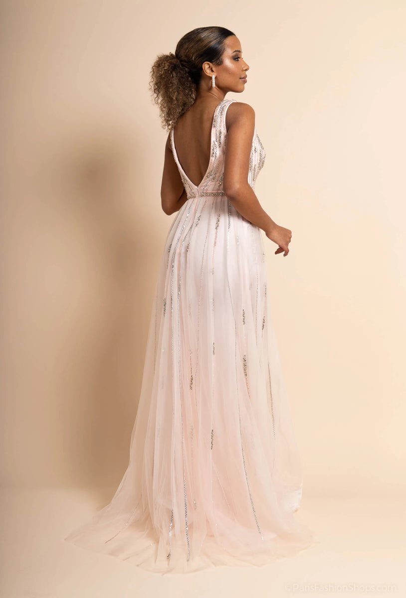 Robe de cocktail rose perlée coupe fourreau avec surjupe - RIVE GAUCHE