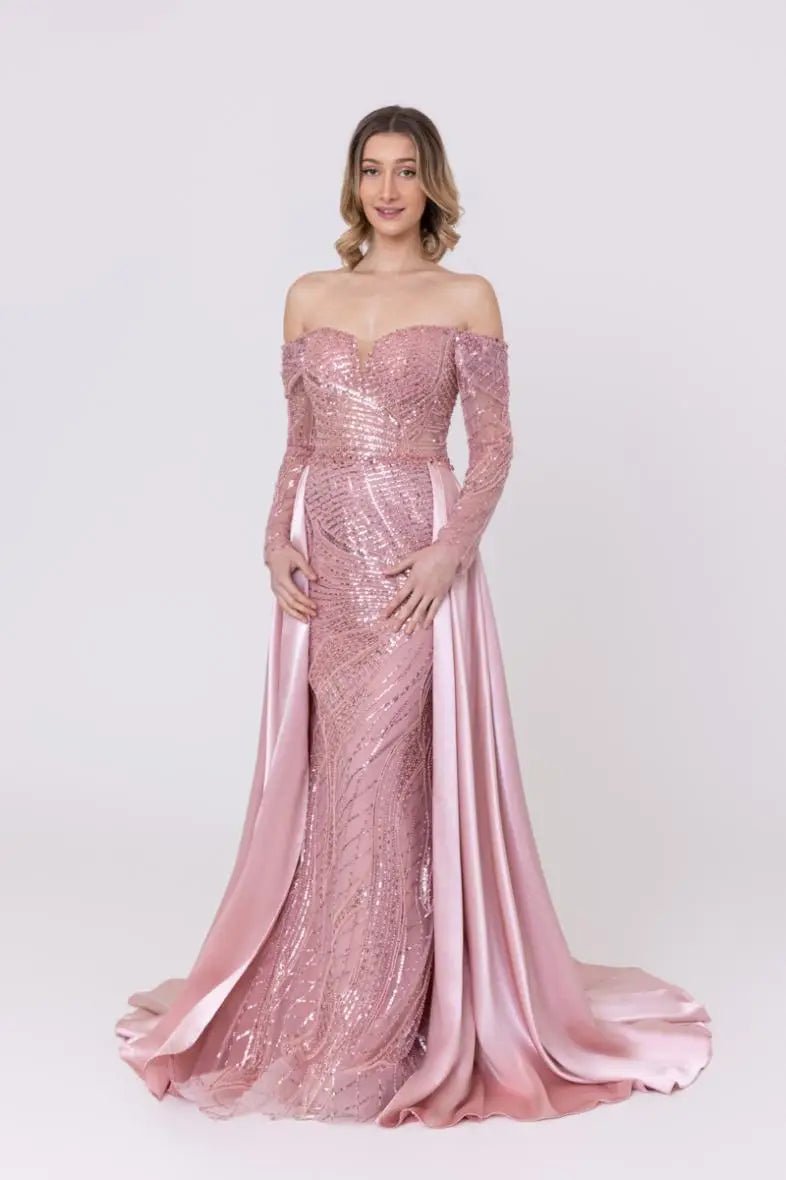 Robe de Cocktail rose Scintillante Col Bardot avec surjupe en Satin - RIVE GAUCHE
