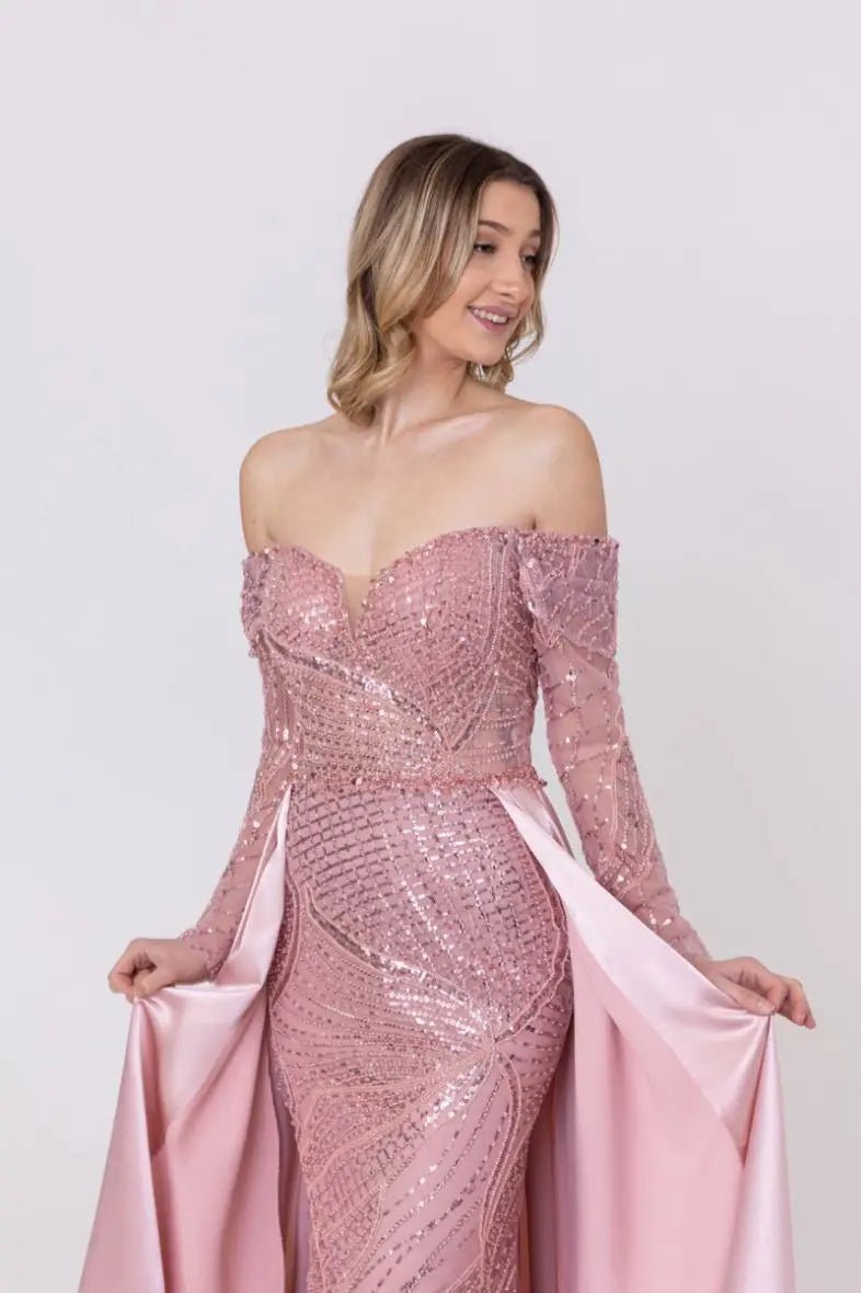 Robe de Cocktail rose Scintillante Col Bardot avec surjupe en Satin - RIVE GAUCHE