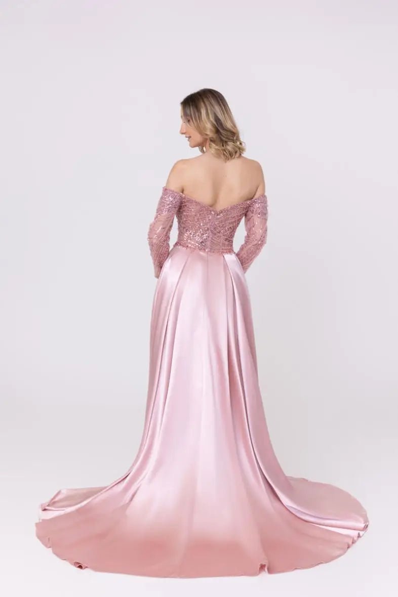 Robe de Cocktail rose Scintillante Col Bardot avec surjupe en Satin - RIVE GAUCHE