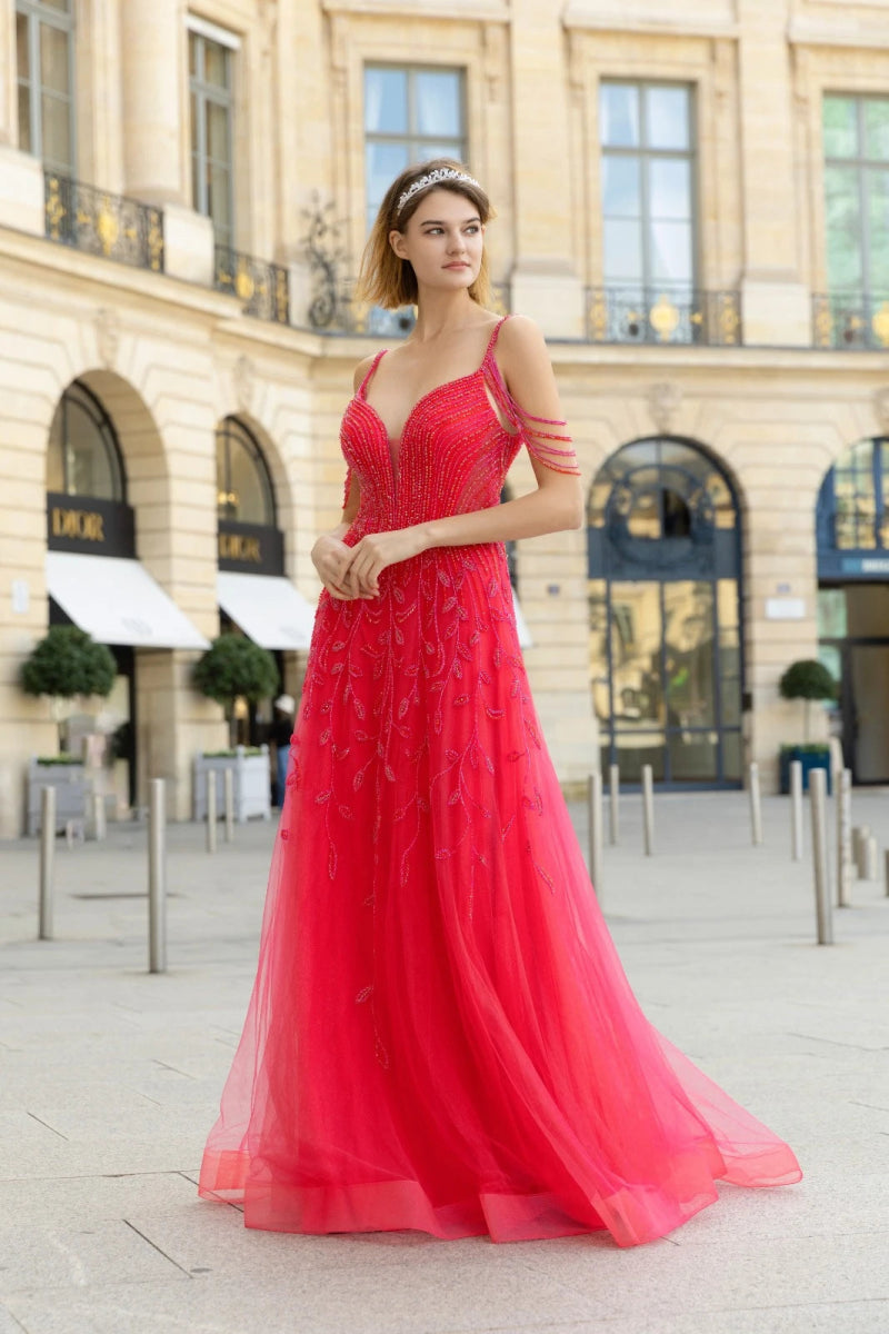 Robe de cocktail rouge en tulle perlée avec bretelles larges et perles tombantes - RIVE GAUCHE