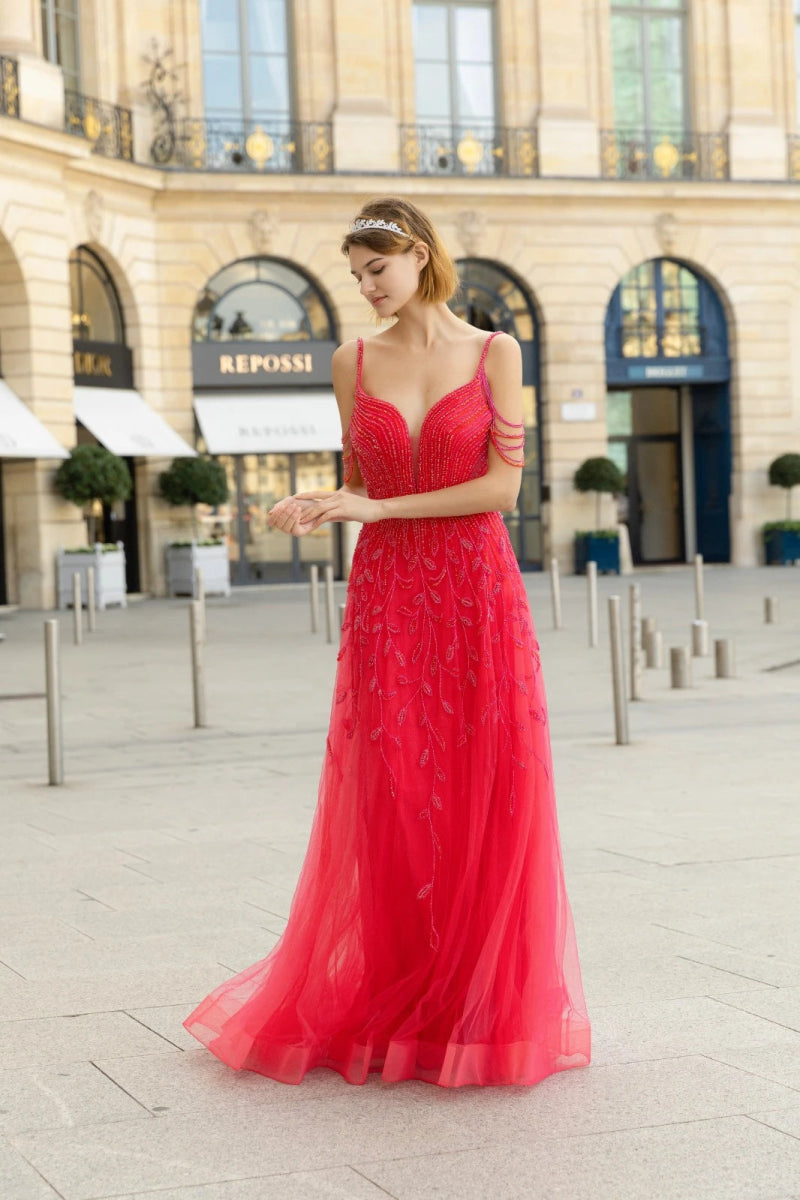 Robe de cocktail rouge en tulle perlée avec bretelles larges et perles tombantes - RIVE GAUCHE