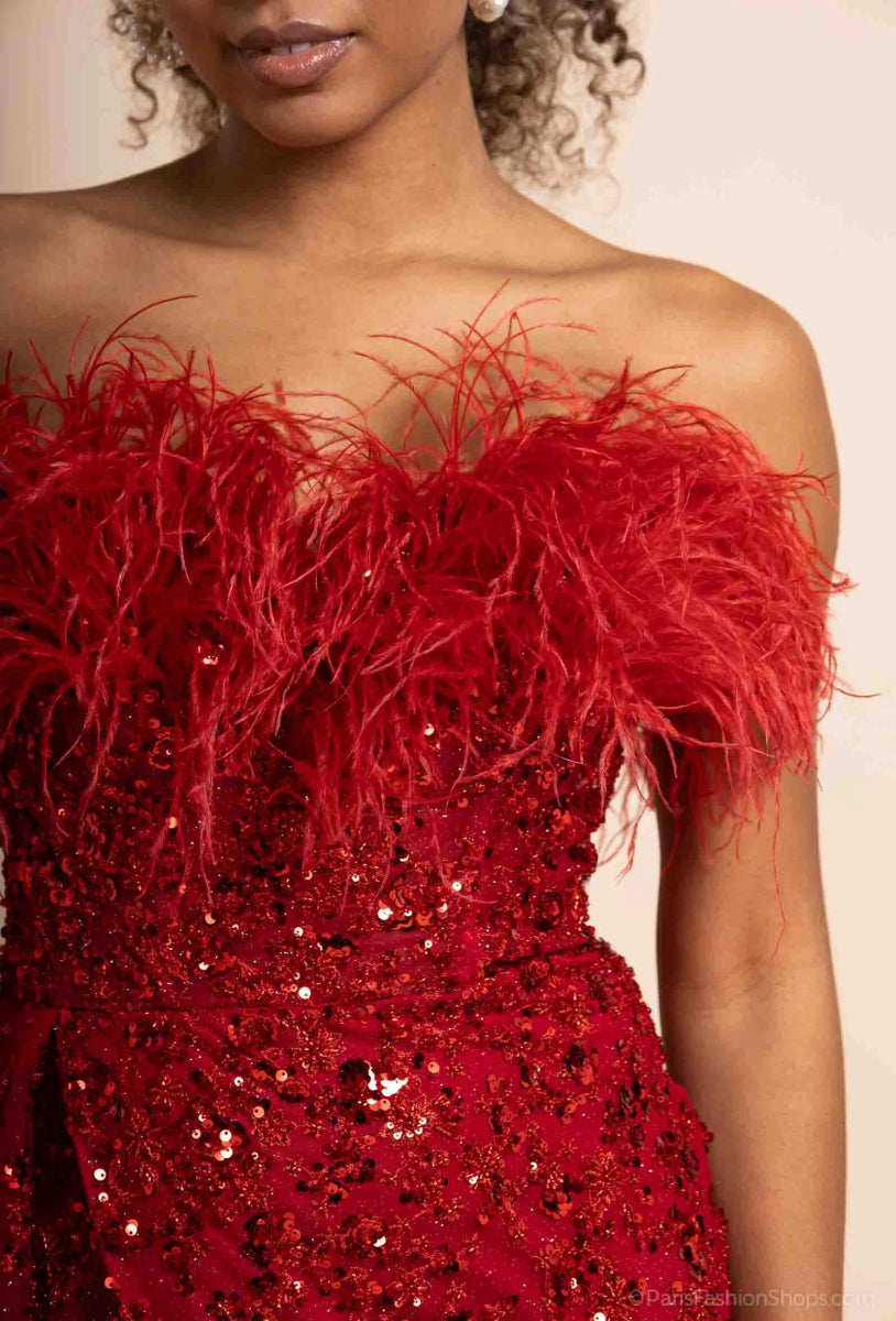 Robe de Cocktail Rouge Perlée Bustier avec Plumes et Fente - RIVE GAUCHE