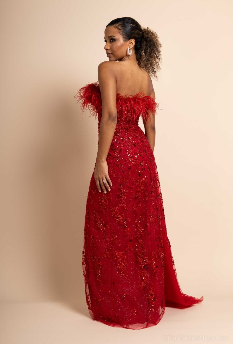 Robe de Cocktail Rouge Perlée Bustier avec Plumes et Fente - RIVE GAUCHE