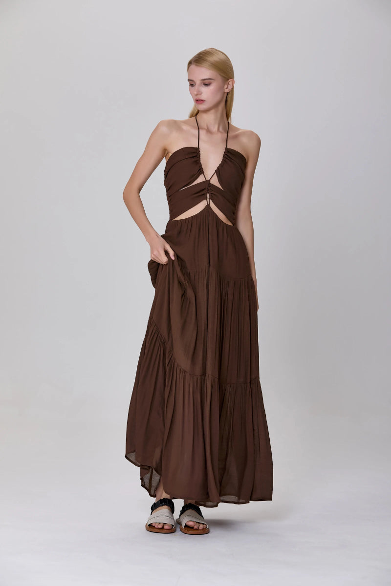 Robe de soirée Callisto ajourée chocolat - RIVE GAUCHE