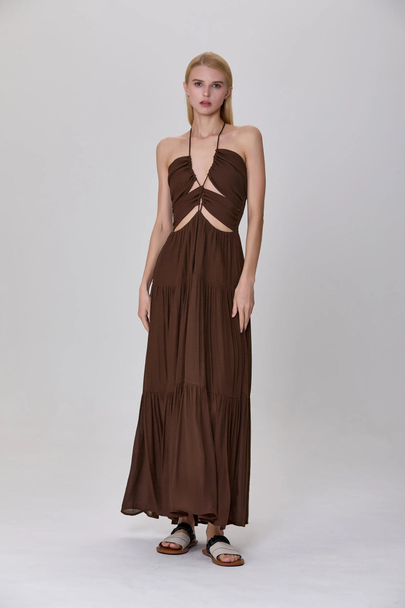 Robe de soirée Callisto ajourée chocolat - RIVE GAUCHE
