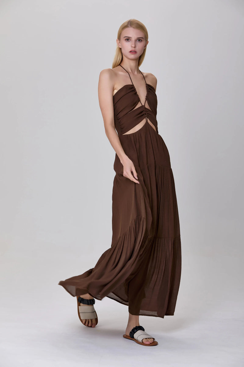 Robe de soirée Callisto ajourée chocolat - RIVE GAUCHE