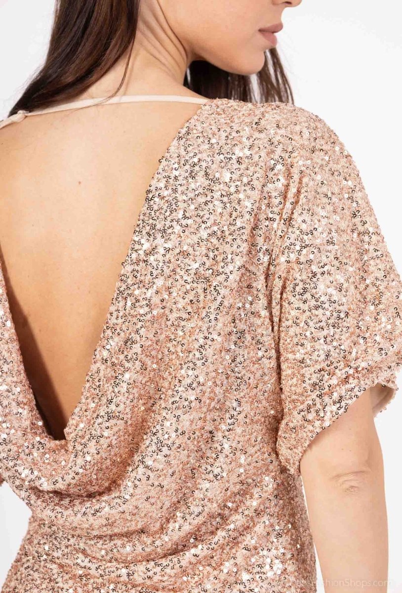 Robe de soirée champagne dos nu à manches courtes - RIVE GAUCHE