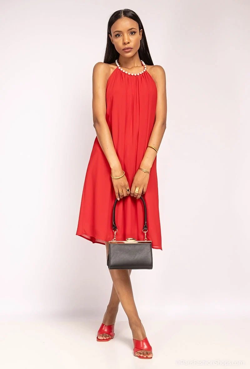 Robe de soirée dos nu à col perlé rouge - RIVE GAUCHE