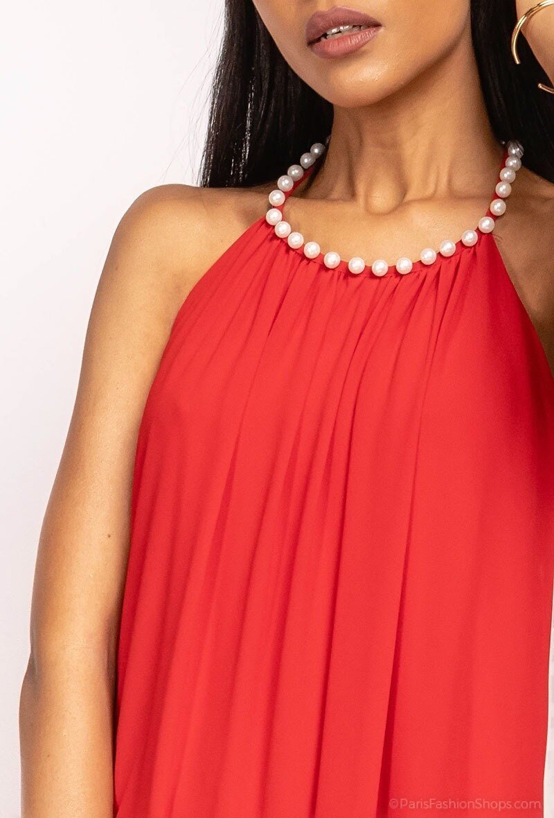 Robe de soirée dos nu à col perlé rouge - RIVE GAUCHE