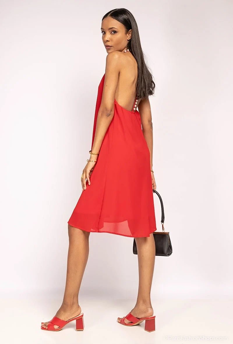 Robe de soirée dos nu à col perlé rouge - RIVE GAUCHE