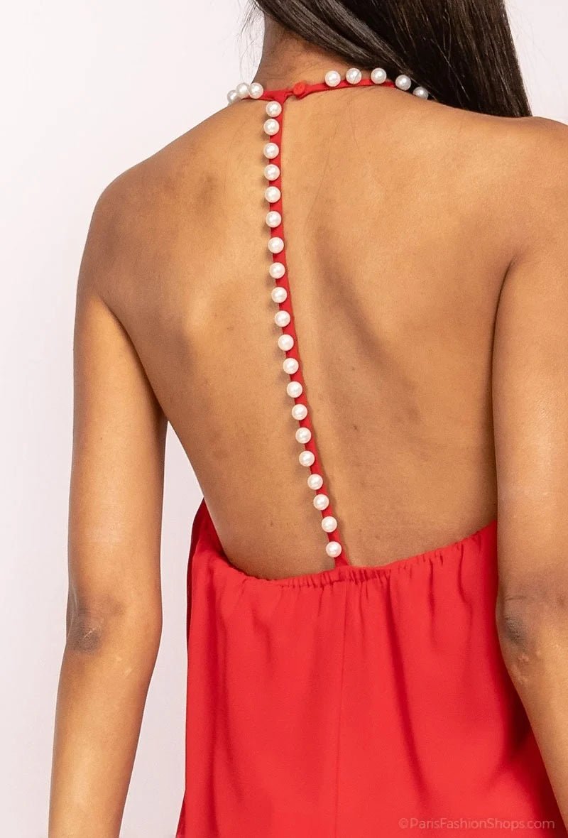 Robe de soirée dos nu à col perlé rouge - RIVE GAUCHE