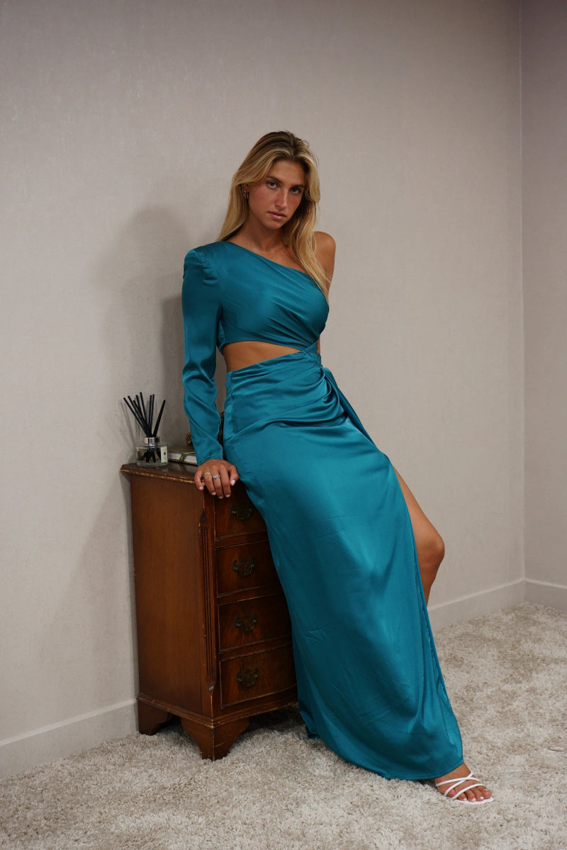 Robe de soirée en satin asymétrique bleue - RIVE GAUCHE