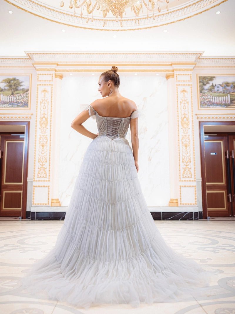 Robe de soirée évasée argentée coupe princesse - RIVE GAUCHE