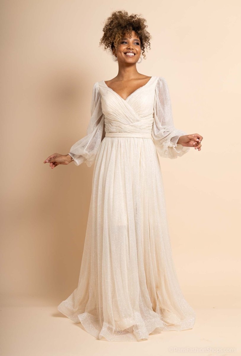 Robe de soirée évasée manches longues bouffantes en tulle pailetée - RIVE GAUCHE