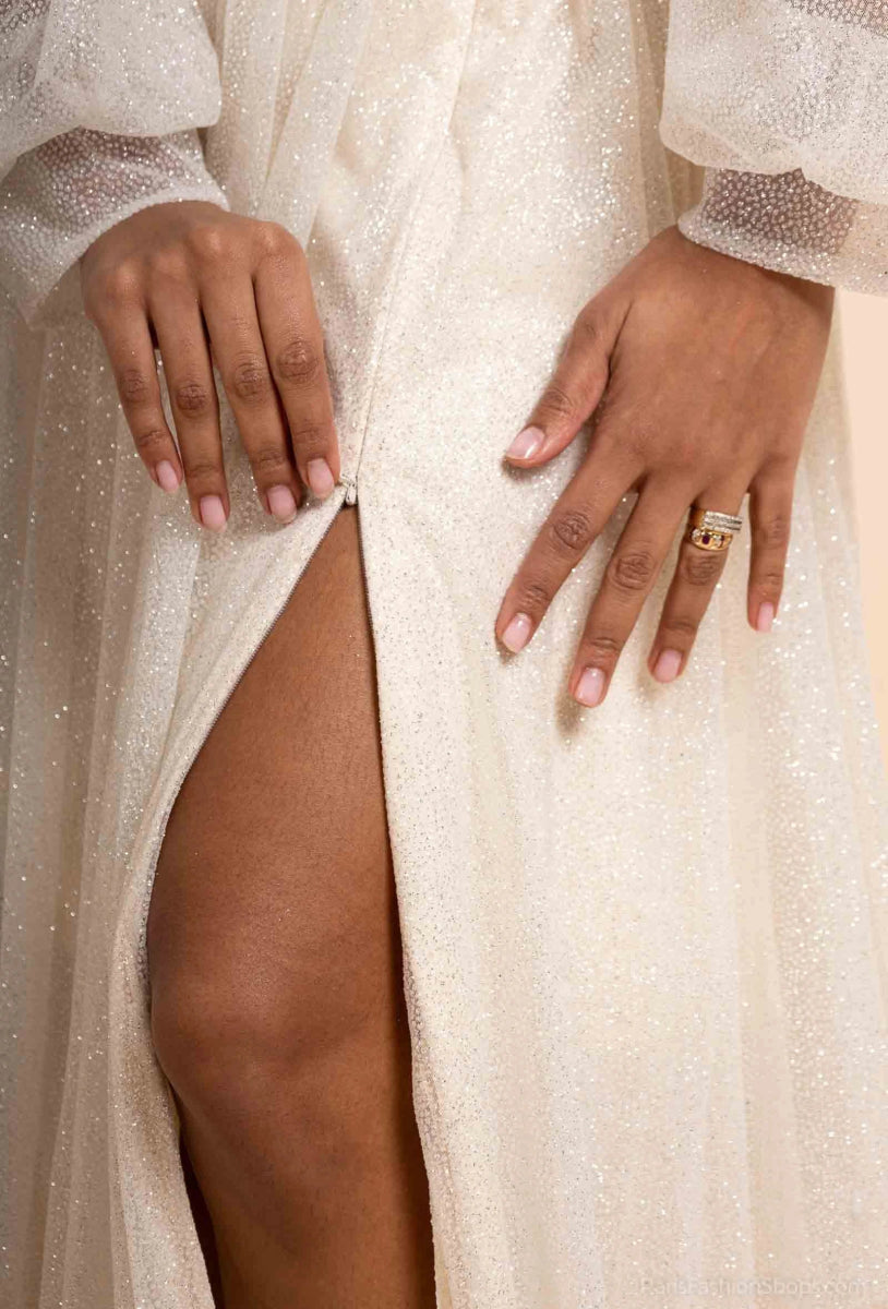 Robe de soirée évasée manches longues bouffantes en tulle pailetée - RIVE GAUCHE