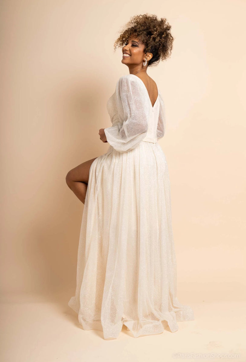 Robe de soirée évasée manches longues bouffantes en tulle pailetée - RIVE GAUCHE