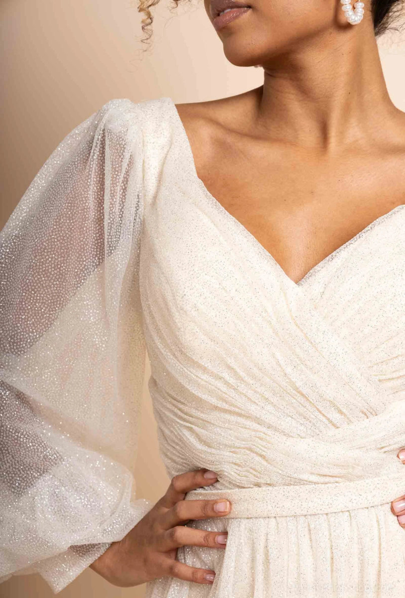 Robe de soirée évasée manches longues bouffantes en tulle pailetée - RIVE GAUCHE