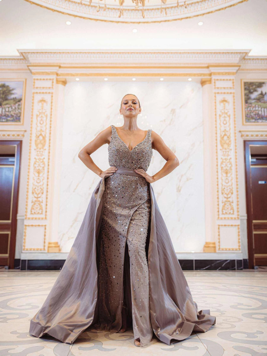 Robe de soirée grise perles & sequins - RIVE GAUCHE