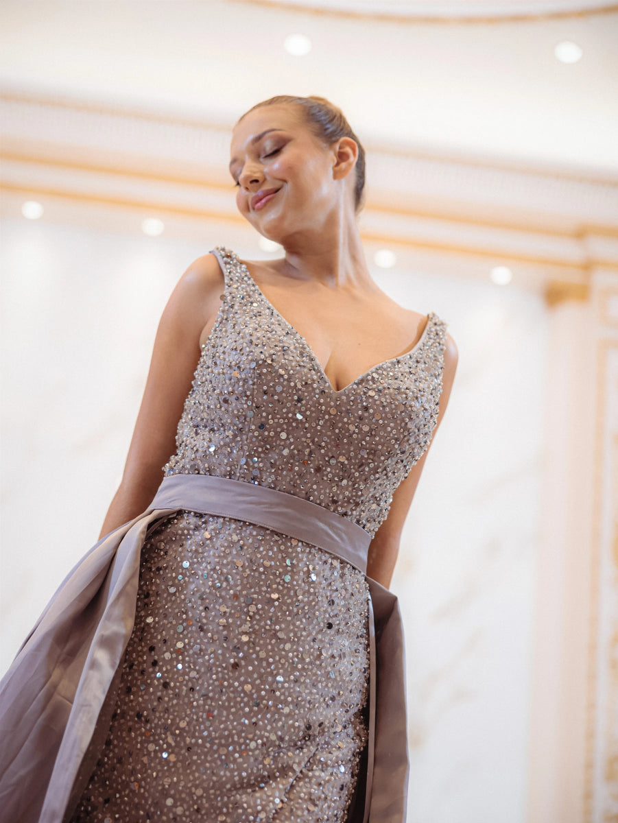 Robe de soirée grise perles & sequins - RIVE GAUCHE