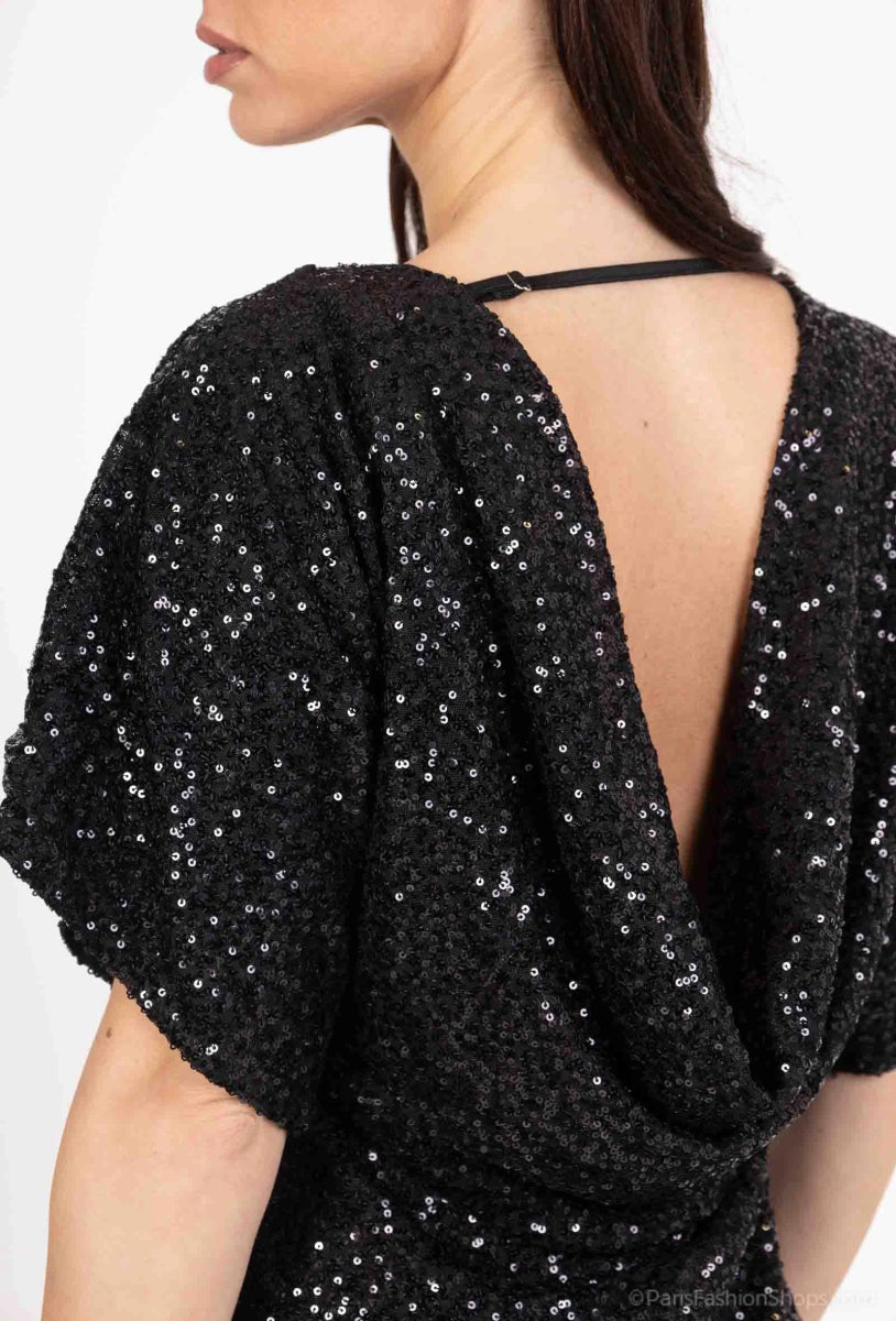 Robe de soirée noire dos nu à manches courtes - RIVE GAUCHE