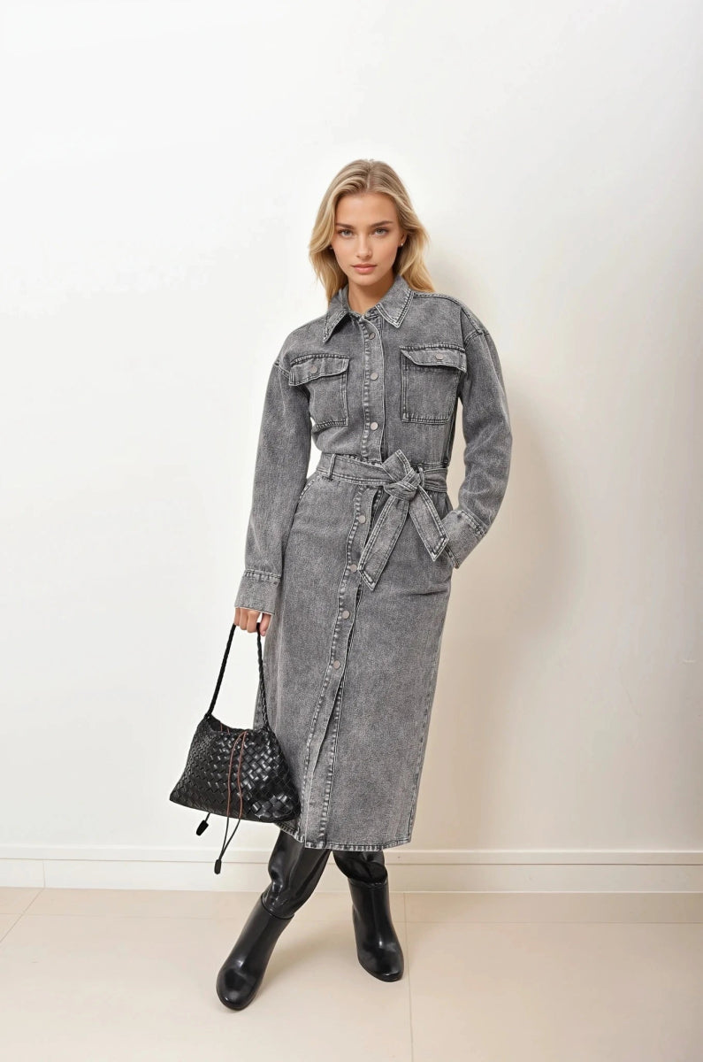 Robe en denim délavé avec ceinture à nouée - RIVE GAUCHE