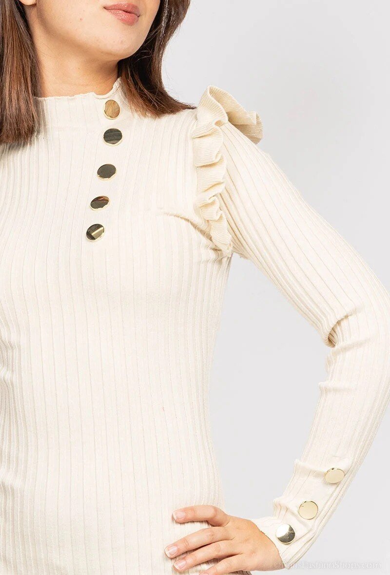 Robe en maille côtelée beige avec volants et boutons dorés - RIVE GAUCHE