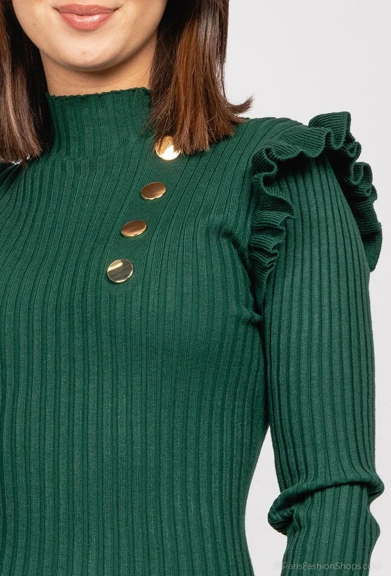 Robe en maille côtelée verte foncée avec volants et boutons dorés - RIVE GAUCHE