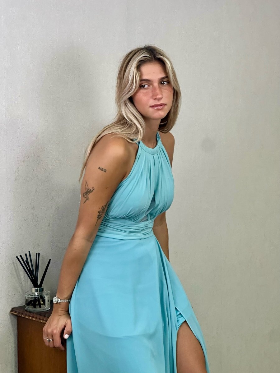 Robe longue bleu ciel de soirée avec col et dos perlé - RIVE GAUCHE