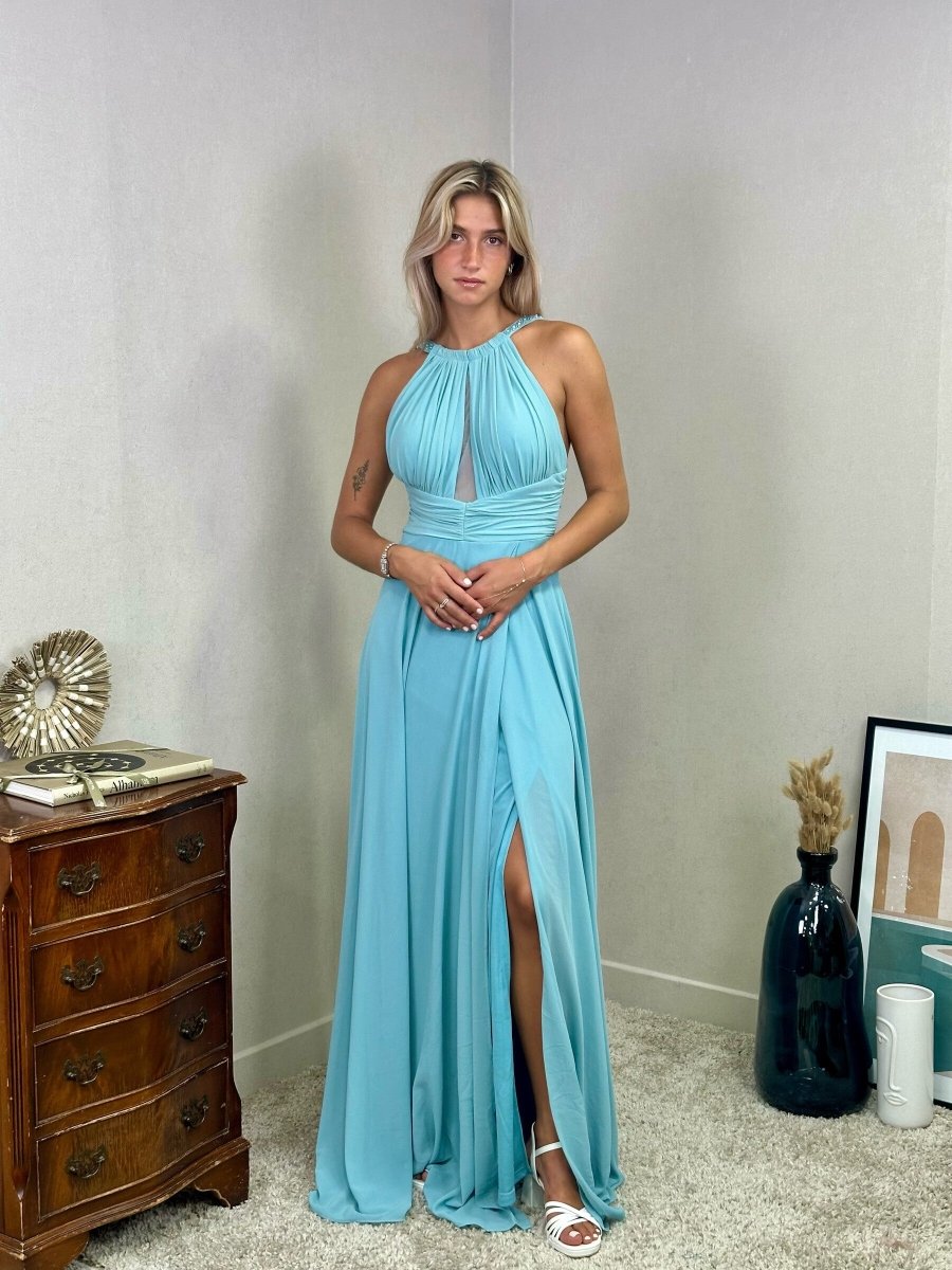 Robe longue bleu ciel de soirée avec col et dos perlé - RIVE GAUCHE