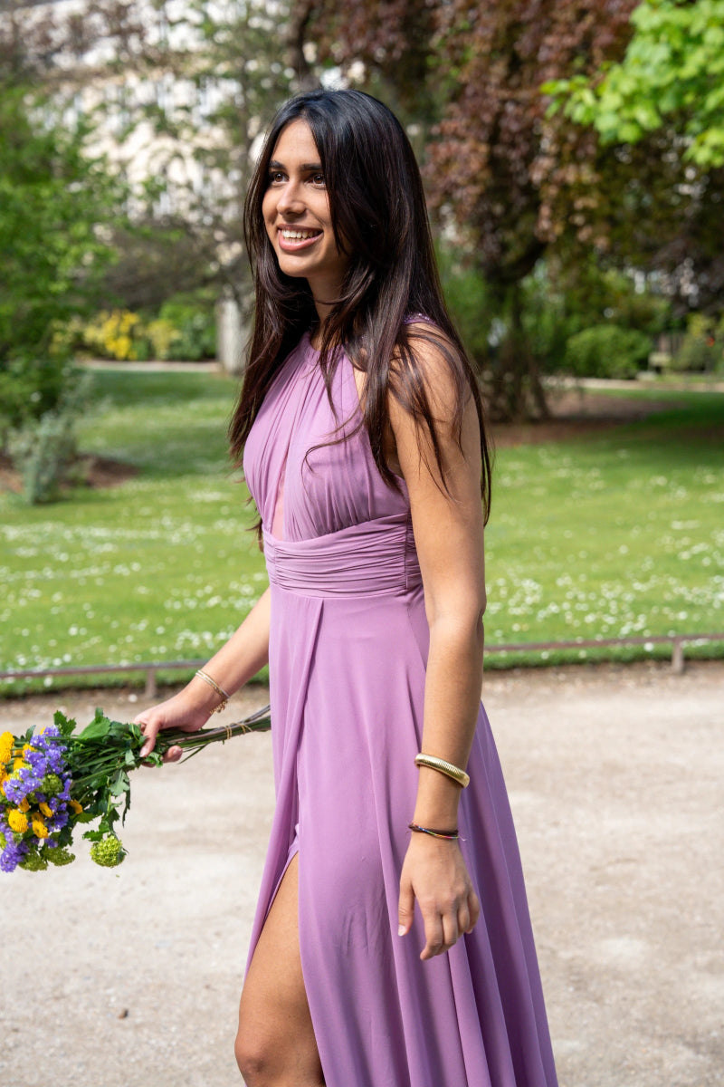 Robe longue lilas de soirée avec col et dos perlé - RIVE GAUCHE