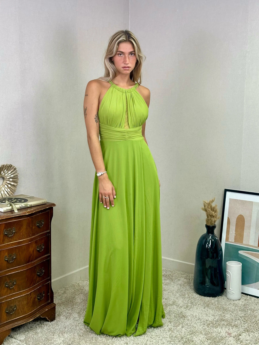 Robe longue verte pomme de soirée avec col et dos perlé - RIVE GAUCHE