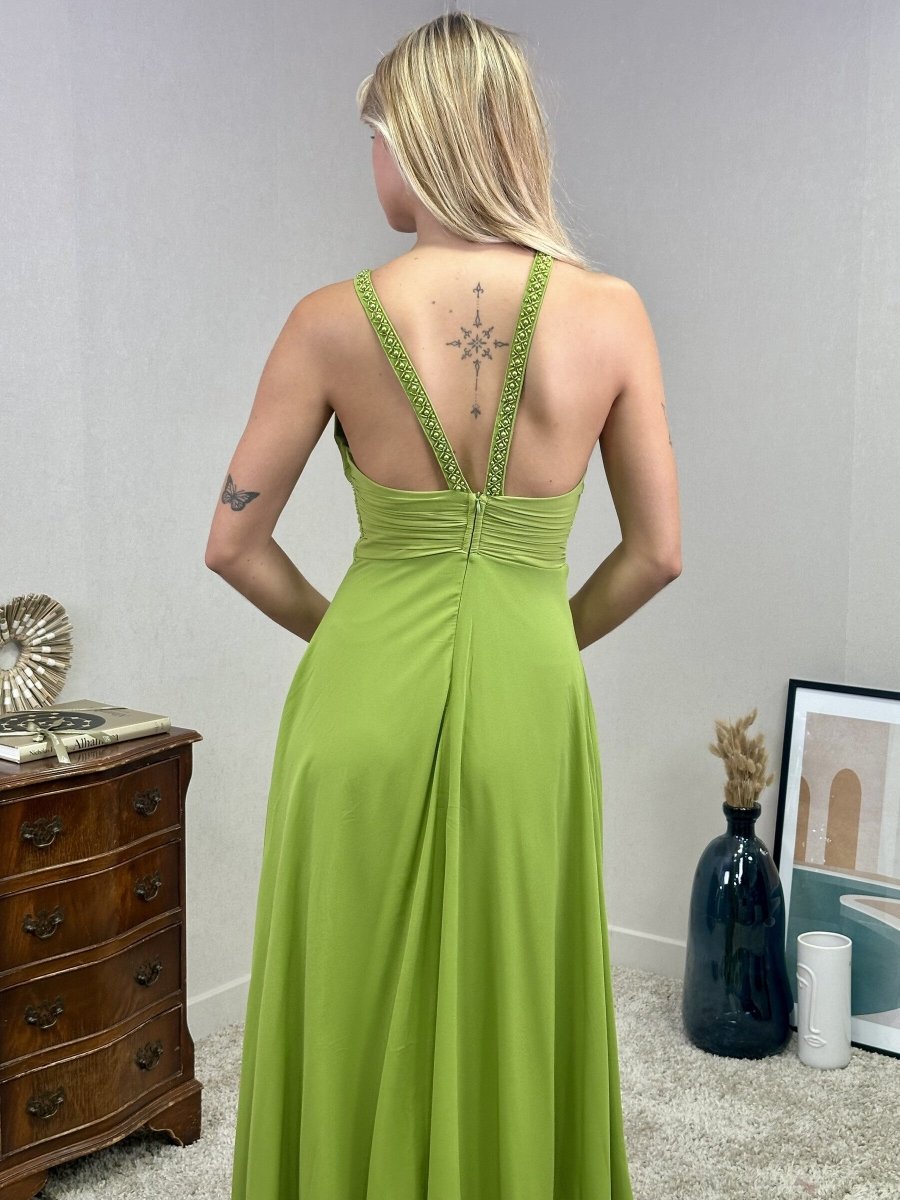 Robe longue verte pomme de soirée avec col et dos perlé - RIVE GAUCHE