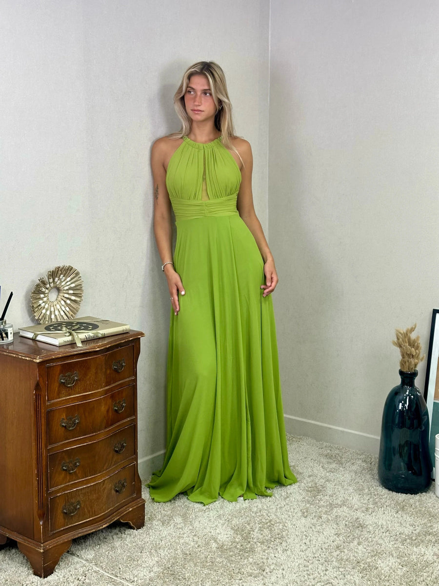 Robe longue verte pomme de soirée avec col et dos perlé - RIVE GAUCHE