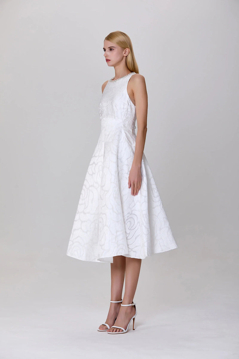 Robe trapèze blanche en jacquard texturé Carla avec col orné - RIVE GAUCHE