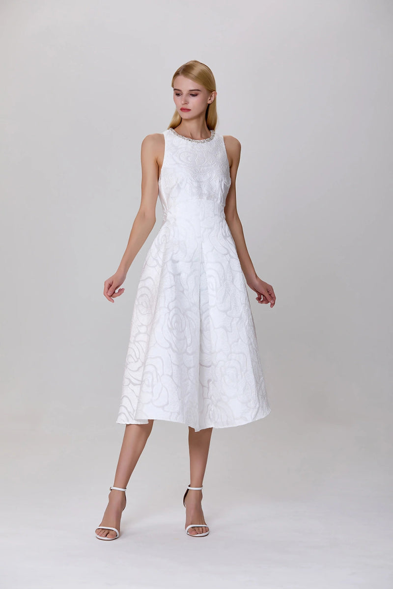 Robe trapèze blanche en jacquard texturé Carla avec col orné - RIVE GAUCHE